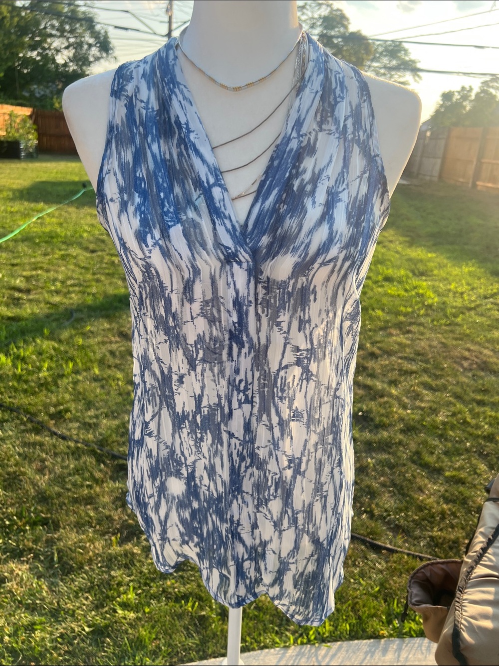 Cynthia Rowley Blue & White Draped V-Neck Sleeveless Camisole